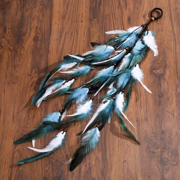 Boho Blue and White Long Feather Elastic Hair Tie - Picture 2 of 14